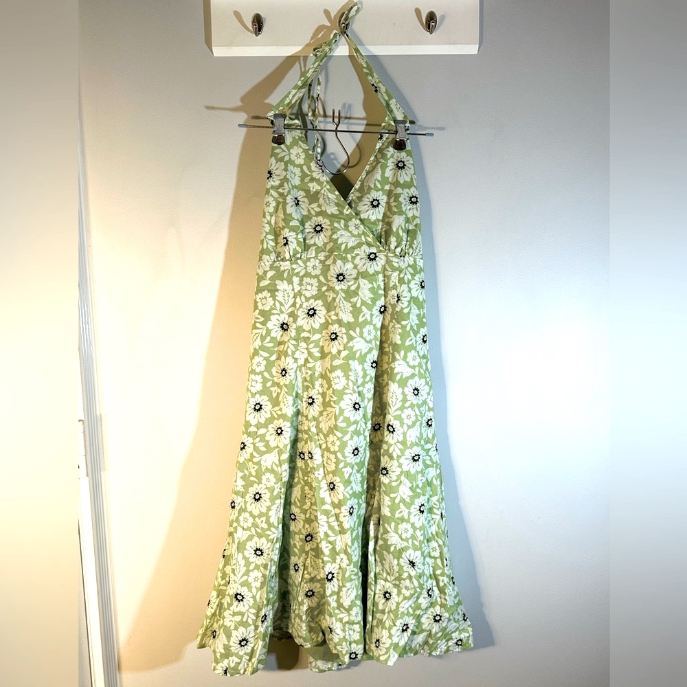 LIME GREEN FLORAL HALTER DRESS
